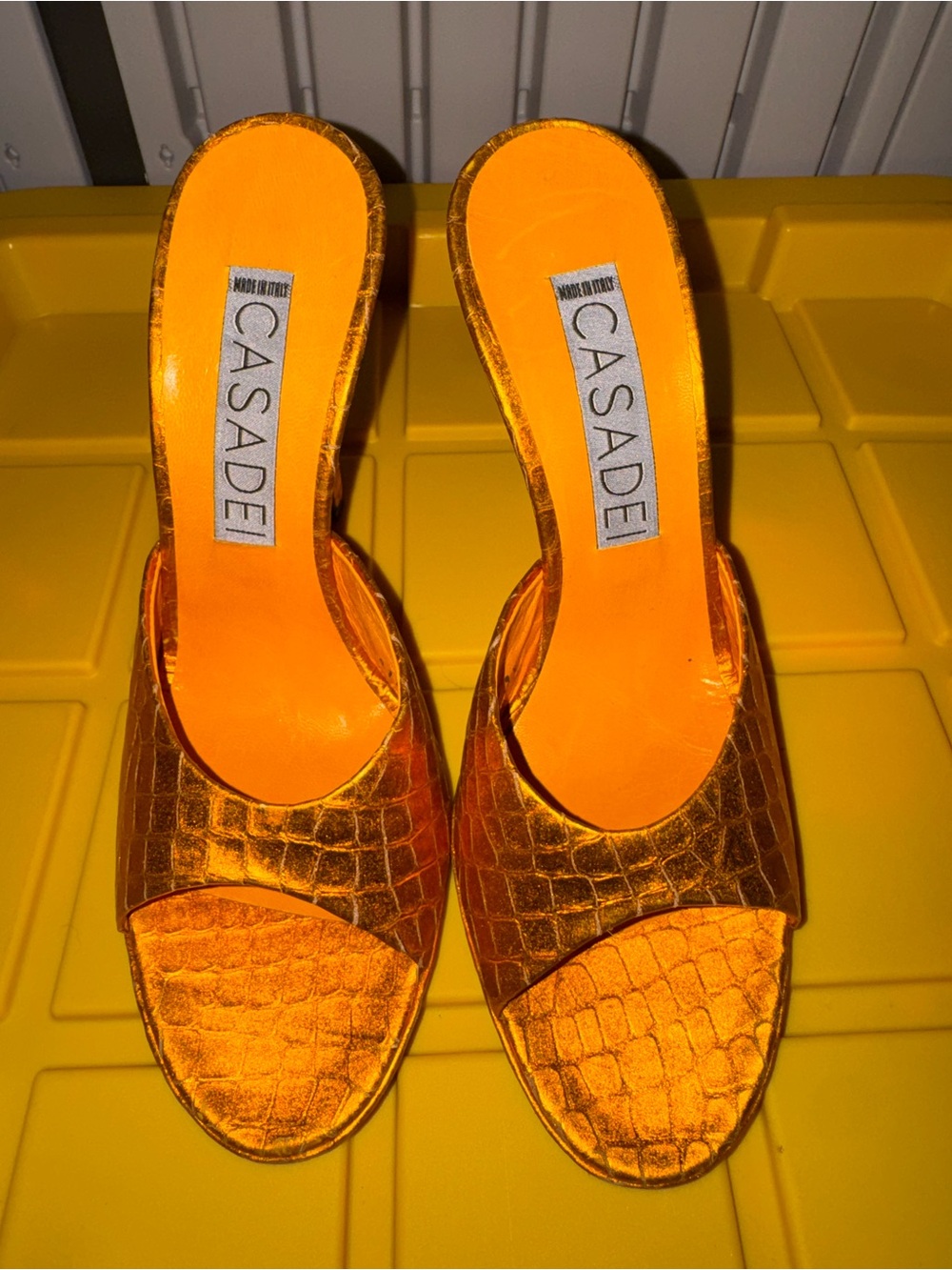 Casadei Metallic Orange Croc-Embossed Mules
